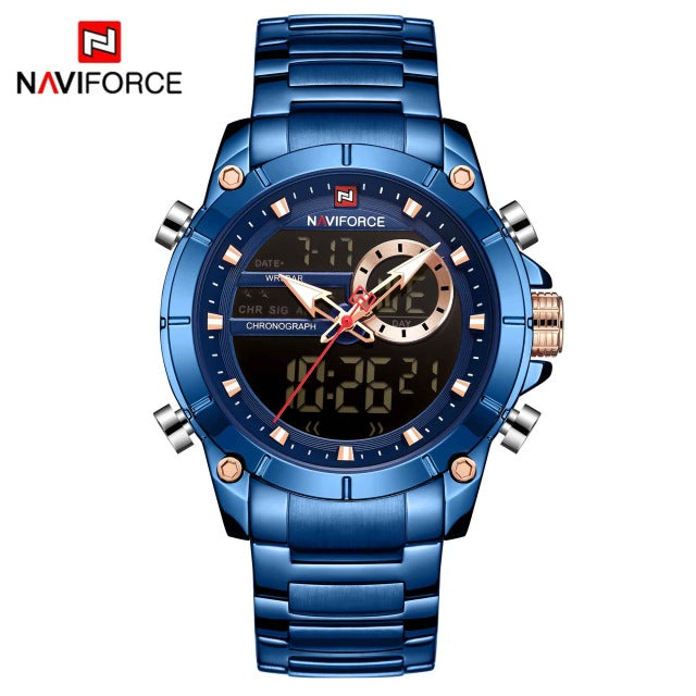 NAVIFORCE Men Military Sport Wrist Watch Gold Quartz Steel Waterproof Dual Display Male Clock Watches Relogio Masculino 9163