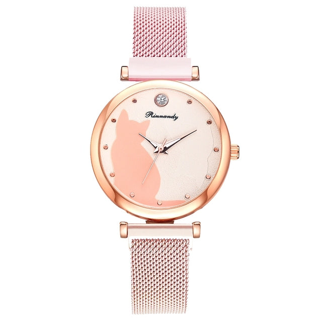 Fashion Watch Set Women 5pcs Quartz Wristwatch Mesh Bracelet Cat Dial Luxury Woman Watch Casual Ladies Clock Relogio Femenino