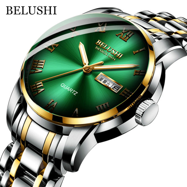 BELUSHI Top Brand Watch Men Stainless Steel Business Date Clock Waterproof Luminous Watches Mens Luxury Sport Quartz Wrist Watch