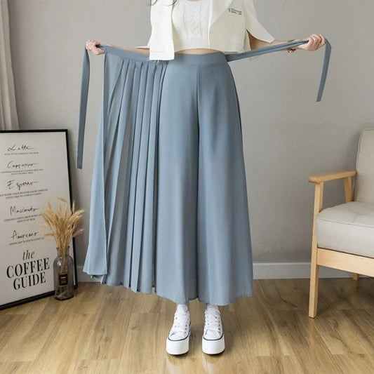 2021 Spring Summer New Style Korean Women Pleated Chiffon Trousers 2022 High Waist Pants Hakama Casual Wide Leg Pantalones