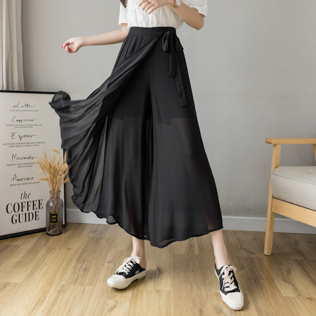 2021 Spring Summer New Style Korean Women Pleated Chiffon Trousers 2022 High Waist Pants Hakama Casual Wide Leg Pantalones