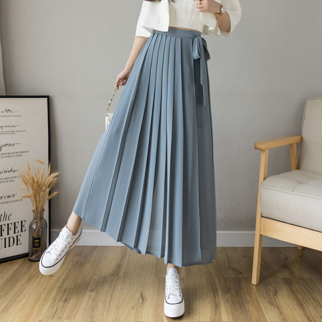 2021 Spring Summer New Style Korean Women Pleated Chiffon Trousers 2022 High Waist Pants Hakama Casual Wide Leg Pantalones