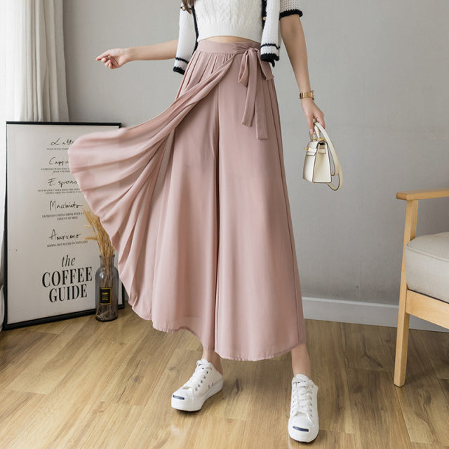 2021 Spring Summer New Style Korean Women Pleated Chiffon Trousers 2022 High Waist Pants Hakama Casual Wide Leg Pantalones