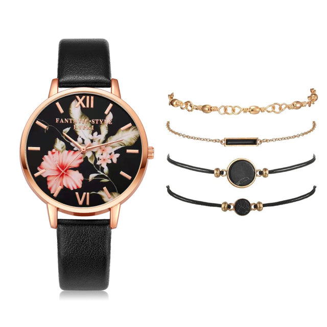 Watch Set Women 5pcs Woman Quartz Wristwatch Leather Ladies Bracelet Luxury Watch Casual Relogio Femenino Gift For Girlfriend