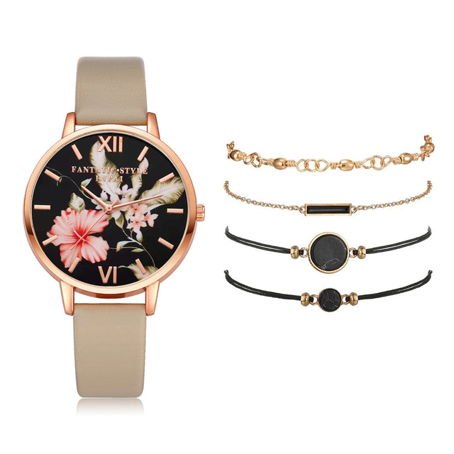 Watch Set Women 5pcs Woman Quartz Wristwatch Leather Ladies Bracelet Luxury Watch Casual Relogio Femenino Gift For Girlfriend