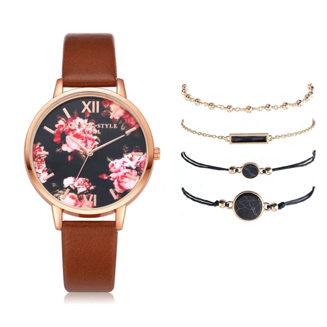 Watch Set Women 5pcs Woman Quartz Wristwatch Leather Ladies Bracelet Luxury Watch Casual Relogio Femenino Gift For Girlfriend