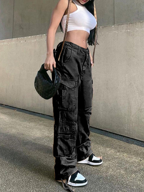 Vintage Cargo Pants  Baggy Jeans Women Fashion 90s Streetwear Pockets Wide Leg High Waist Straight Y2k Denim Trousers Overalls