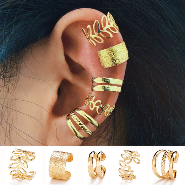17KM Gold Leaves Ear Cuff Black Non-Piercing Ear Clips Fake Cartilage Earrings Clip Earrings For Women Men Wholesale Jewelry