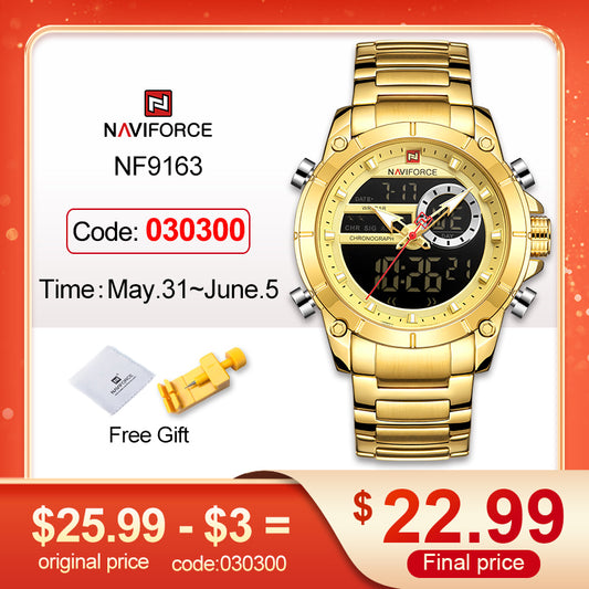 NAVIFORCE Men Military Sport Wrist Watch Gold Quartz Steel Waterproof Dual Display Male Clock Watches Relogio Masculino 9163